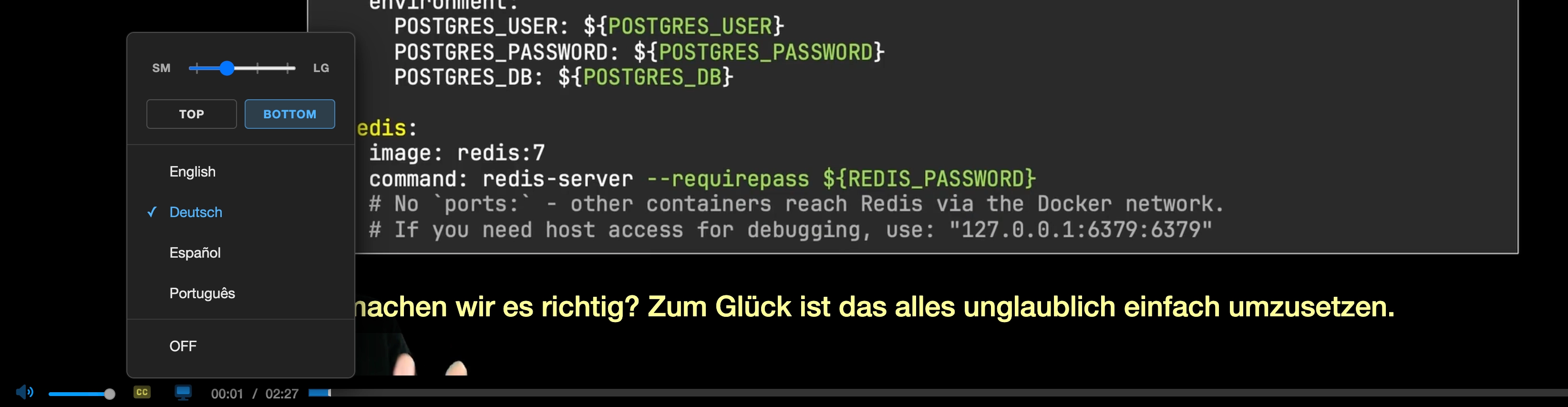 A Talk Python course video player showing German subtitles and the subtitle size control