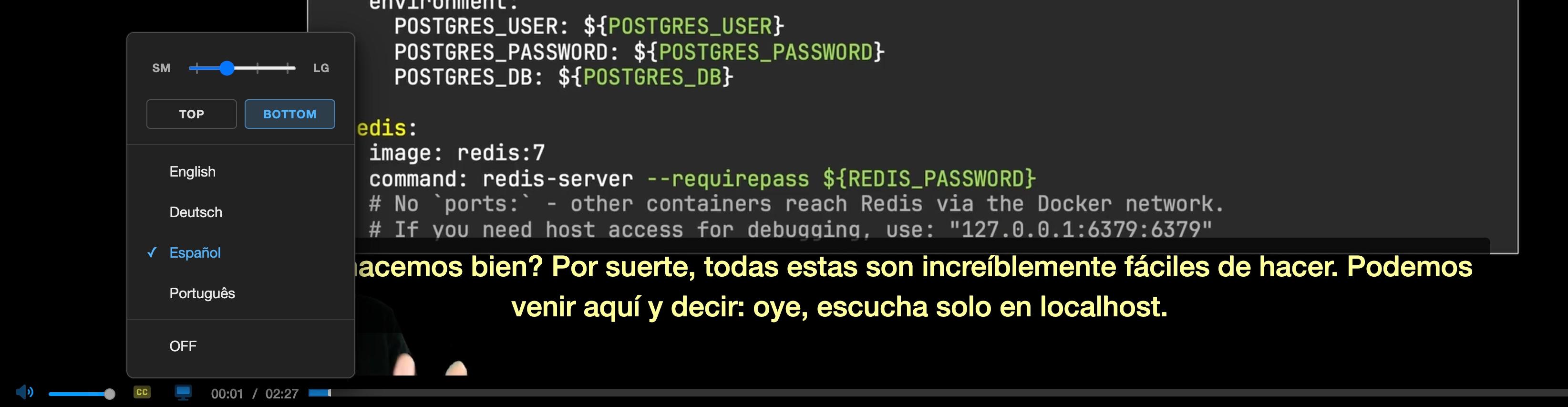 Spanish subtitles on a Talk Python course video player